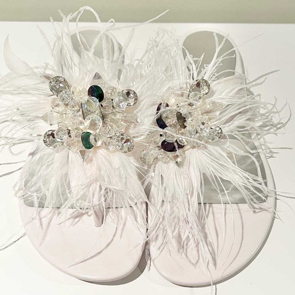 LORIBLU Feather and Rhinestone White Sandals